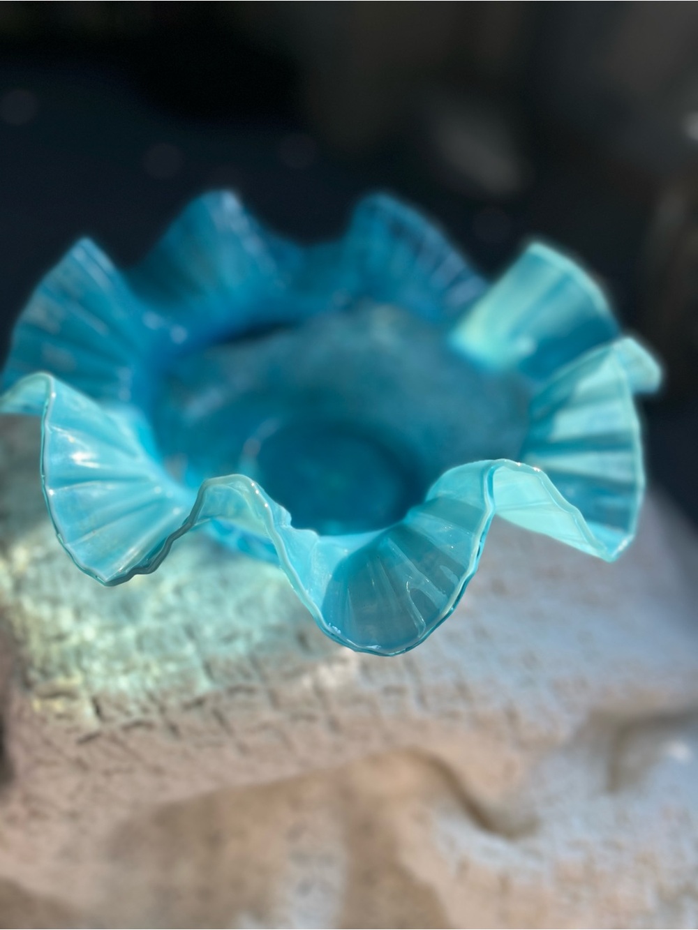 Turquoise Ruffled Glass Bowl Decorative Home Art